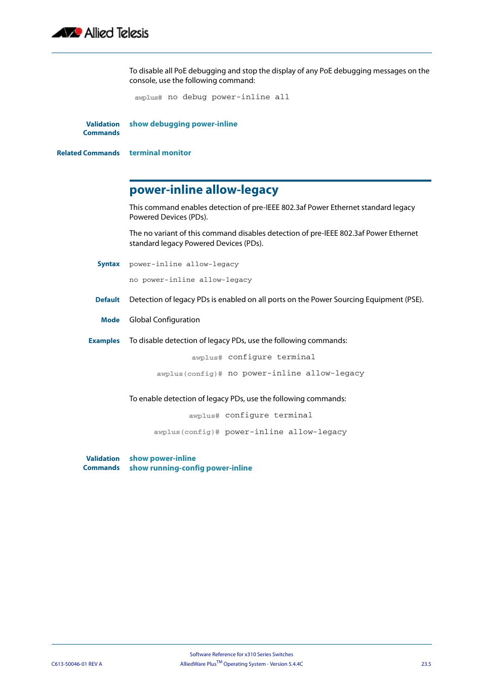 Power-inline allow-legacy, No power-inline allow-legacy | Allied Telesis AlliedWare Plus Operating System Version 5.4.4C (x310-26FT,x310-26FP,x310-50FT,x310-50FP) User Manual | Page 603 / 2220