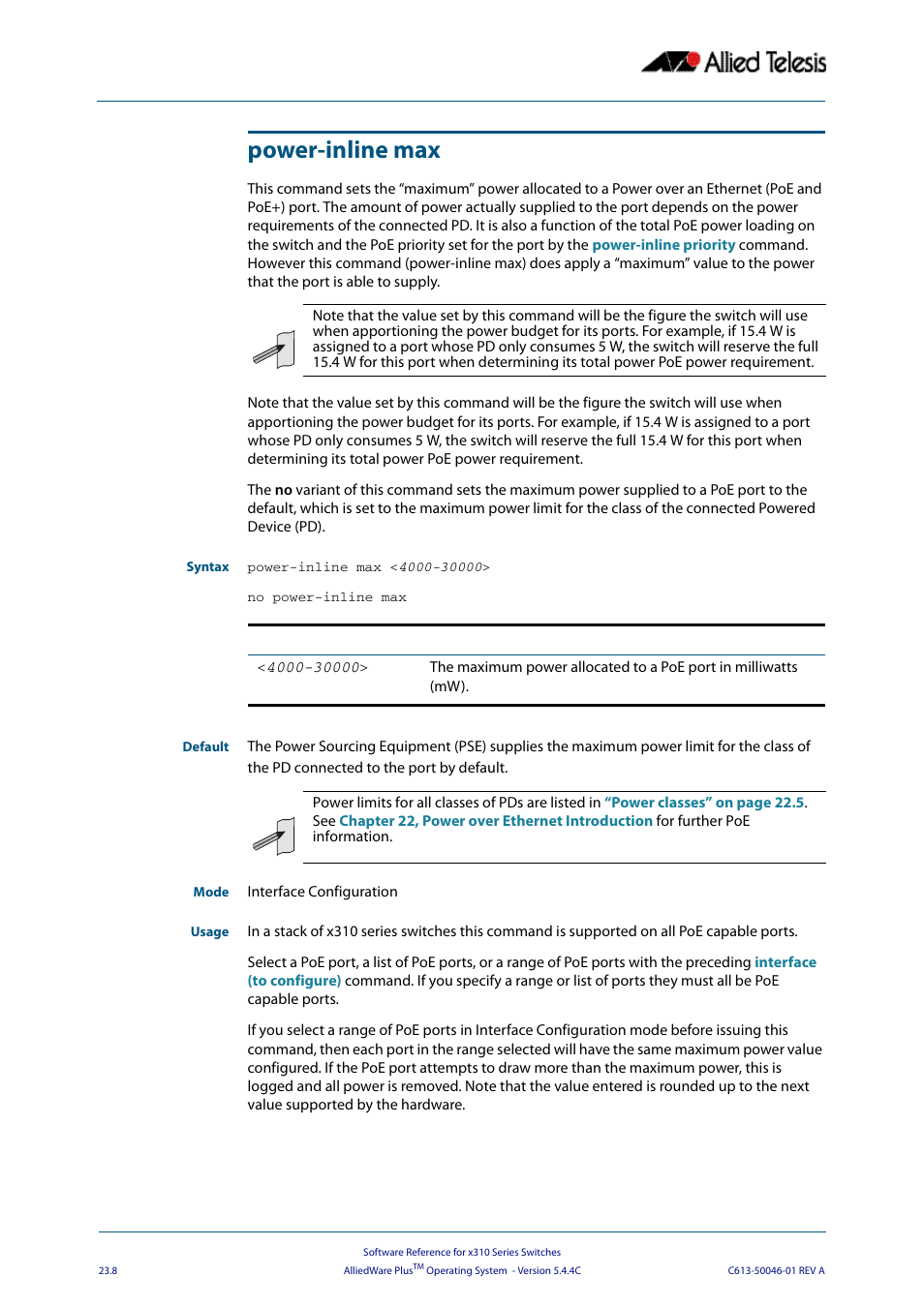 Power-inline max, Power, Inline max | Allied Telesis AlliedWare Plus Operating System Version 5.4.4C (x310-26FT,x310-26FP,x310-50FT,x310-50FP) User Manual | Page 606 / 2220