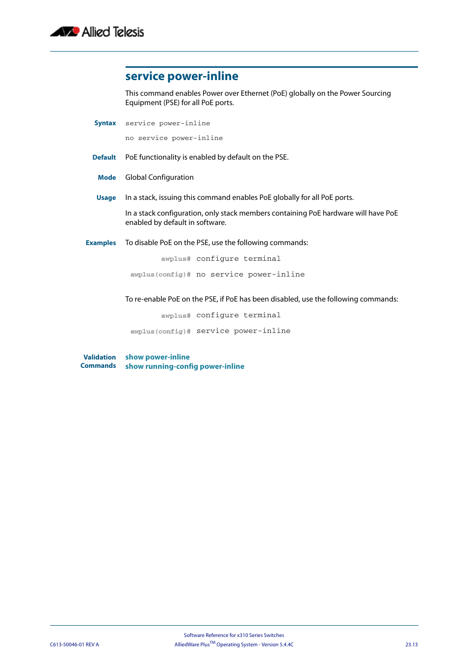 Service power-inline | Allied Telesis AlliedWare Plus Operating System Version 5.4.4C (x310-26FT,x310-26FP,x310-50FT,x310-50FP) User Manual | Page 611 / 2220