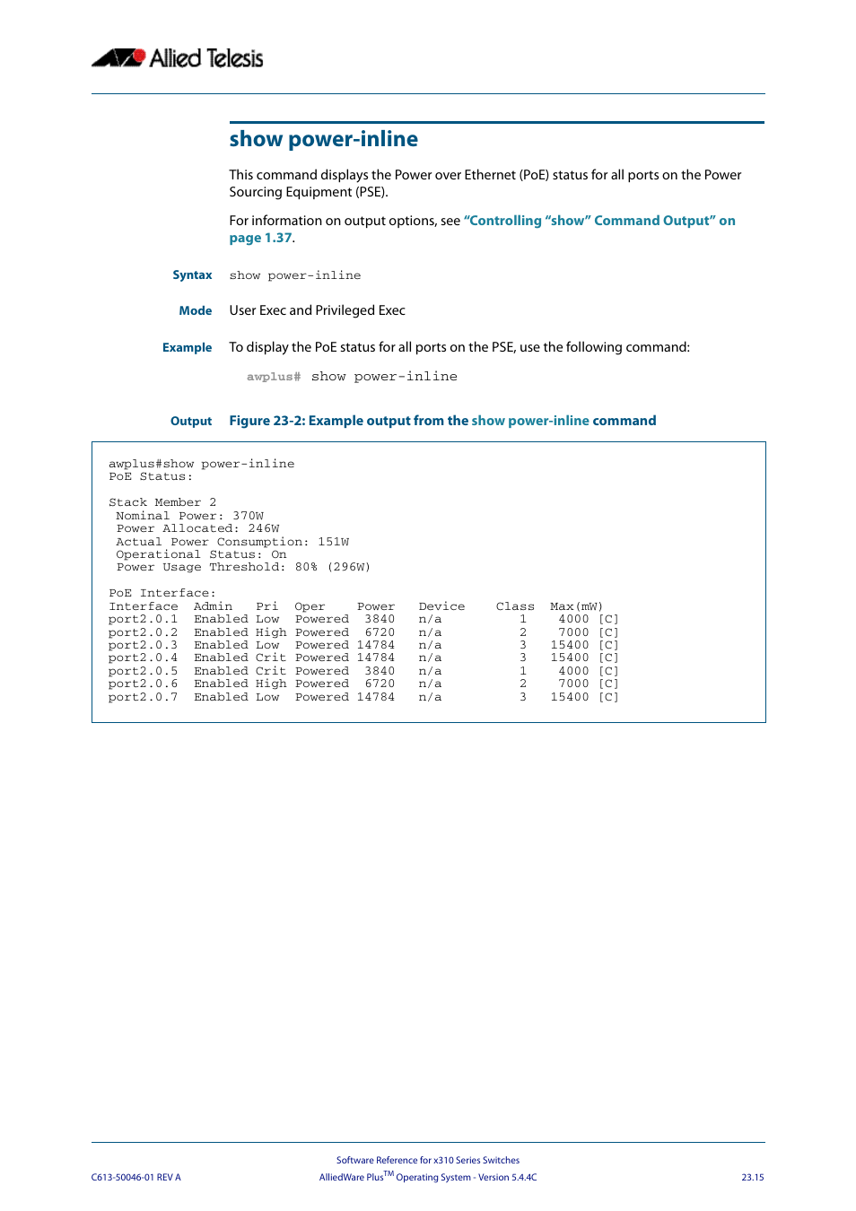 Show power-inline, Command displa | Allied Telesis AlliedWare Plus Operating System Version 5.4.4C (x310-26FT,x310-26FP,x310-50FT,x310-50FP) User Manual | Page 613 / 2220