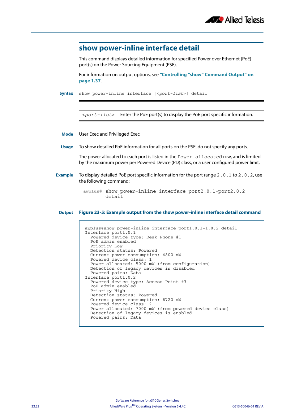 Show power-inline interface detail | Allied Telesis AlliedWare Plus Operating System Version 5.4.4C (x310-26FT,x310-26FP,x310-50FT,x310-50FP) User Manual | Page 620 / 2220