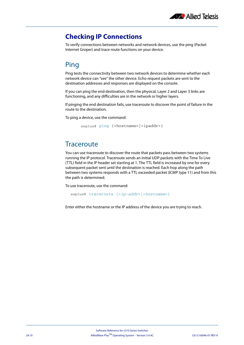 Checking ip connections, Ping, Traceroute | Ping traceroute | Allied Telesis AlliedWare Plus Operating System Version 5.4.4C (x310-26FT,x310-26FP,x310-50FT,x310-50FP) User Manual | Page 634 / 2220
