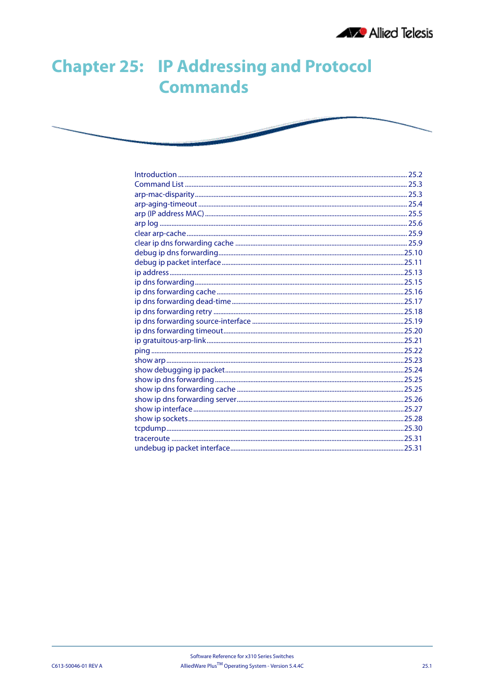 Chapter 25: ip addressing and protocol commands, Chapter 25, Ip addressing and protocol commands | Chapter 25 ip addressing and protocol commands | Allied Telesis AlliedWare Plus Operating System Version 5.4.4C (x310-26FT,x310-26FP,x310-50FT,x310-50FP) User Manual | Page 635 / 2220