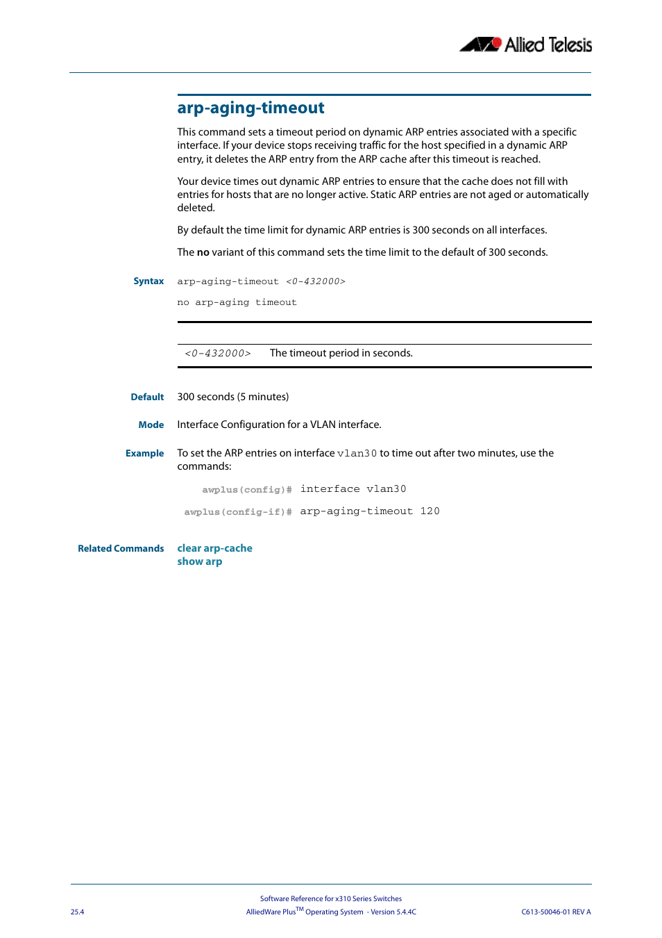Arp-aging-timeout | Allied Telesis AlliedWare Plus Operating System Version 5.4.4C (x310-26FT,x310-26FP,x310-50FT,x310-50FP) User Manual | Page 638 / 2220