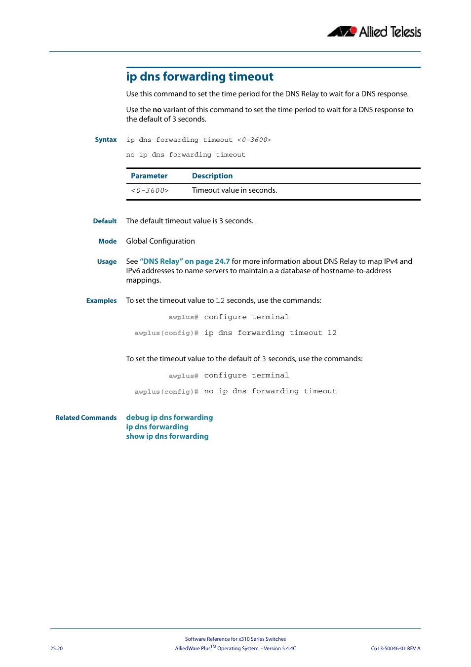 Ip dns forwarding timeout, Ip dns forwarding timeout < 0-3600 | Allied Telesis AlliedWare Plus Operating System Version 5.4.4C (x310-26FT,x310-26FP,x310-50FT,x310-50FP) User Manual | Page 654 / 2220