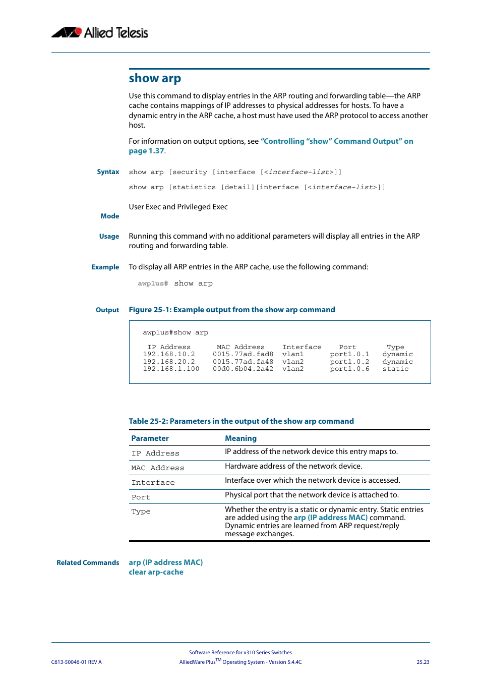 Show arp | Allied Telesis AlliedWare Plus Operating System Version 5.4.4C (x310-26FT,x310-26FP,x310-50FT,x310-50FP) User Manual | Page 657 / 2220