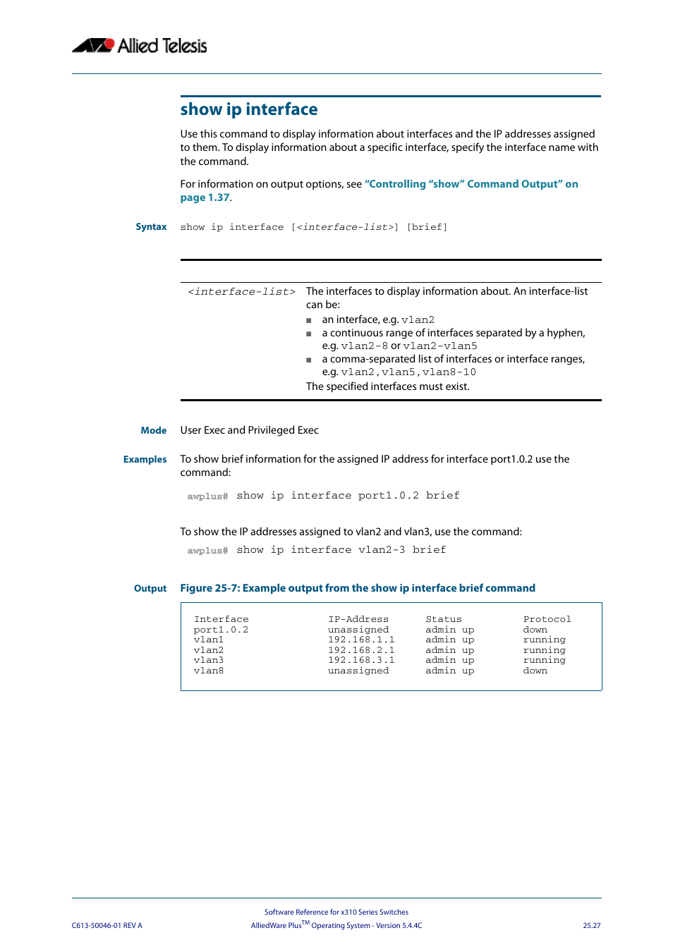 Show ip interface | Allied Telesis AlliedWare Plus Operating System Version 5.4.4C (x310-26FT,x310-26FP,x310-50FT,x310-50FP) User Manual | Page 661 / 2220