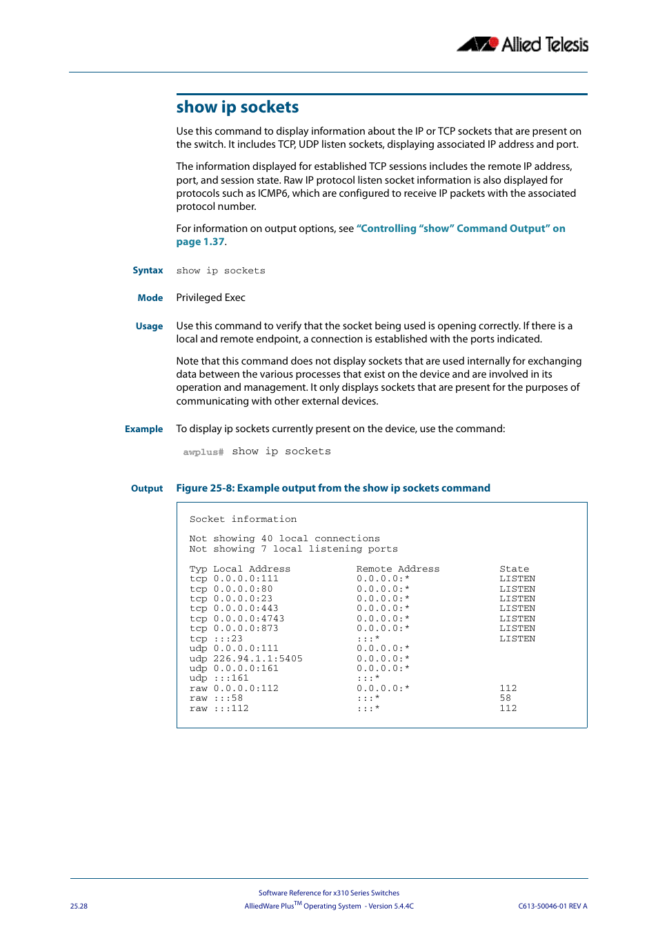 Show ip sockets | Allied Telesis AlliedWare Plus Operating System Version 5.4.4C (x310-26FT,x310-26FP,x310-50FT,x310-50FP) User Manual | Page 662 / 2220