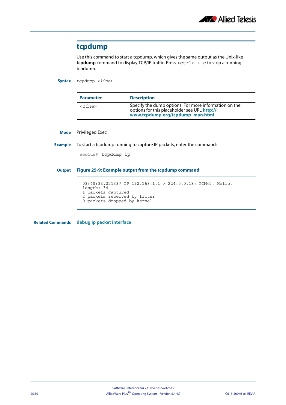 Tcpdump | Allied Telesis AlliedWare Plus Operating System Version 5.4.4C (x310-26FT,x310-26FP,x310-50FT,x310-50FP) User Manual | Page 664 / 2220