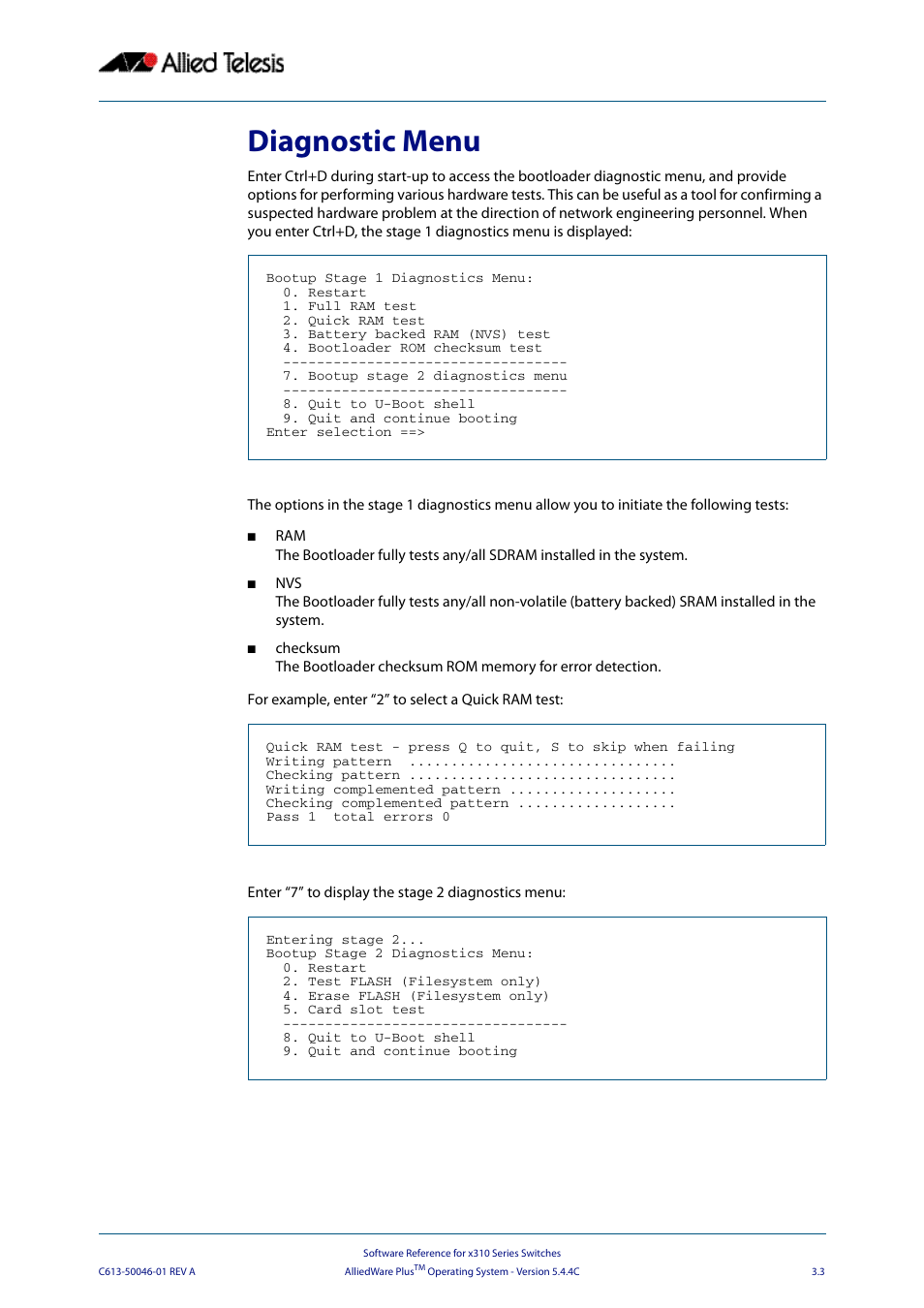 Diagnostic menu | Allied Telesis AlliedWare Plus Operating System Version 5.4.4C (x310-26FT,x310-26FP,x310-50FT,x310-50FP) User Manual | Page 67 / 2220