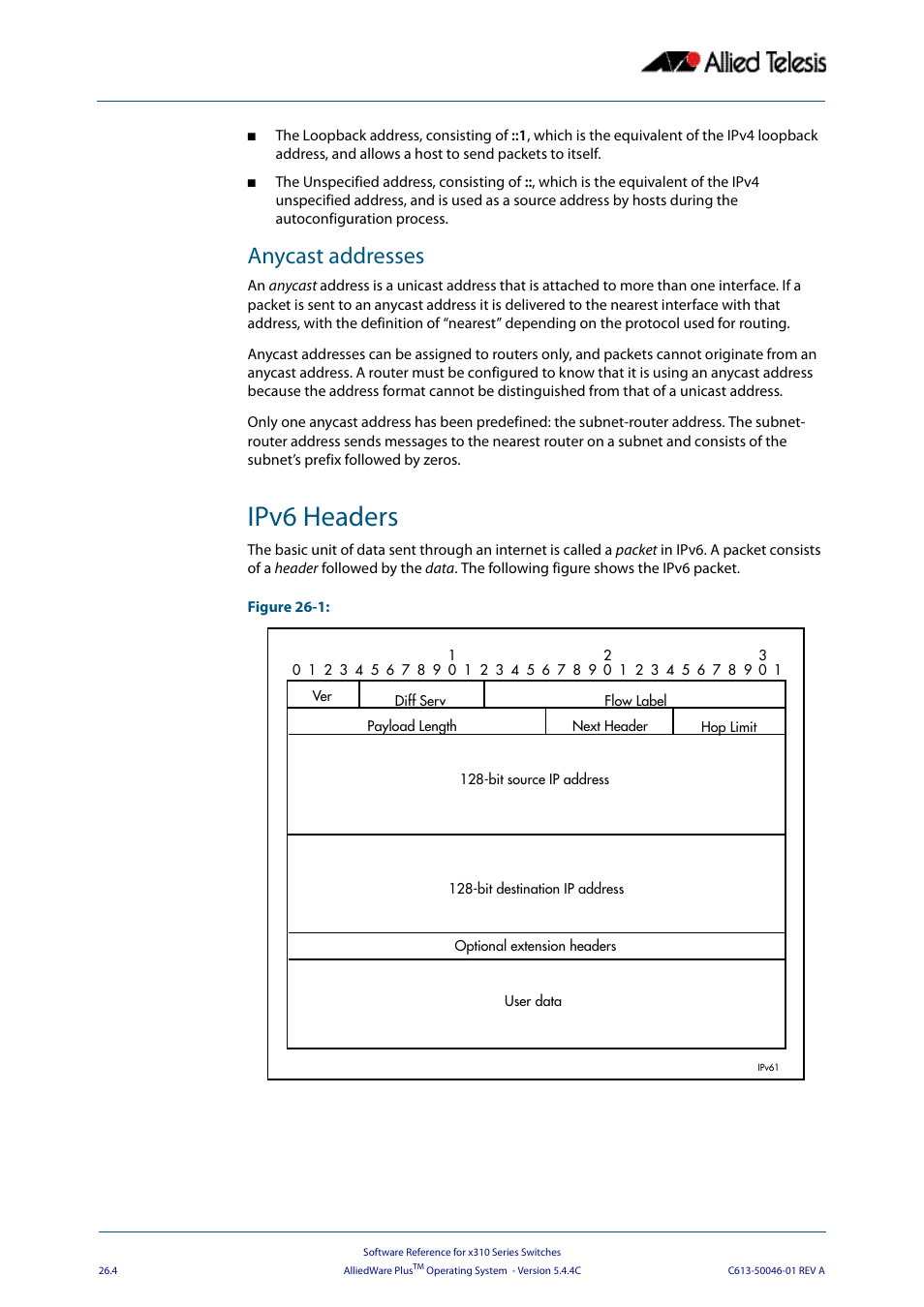 Anycast addresses, Ipv6 headers | Allied Telesis AlliedWare Plus Operating System Version 5.4.4C (x310-26FT,x310-26FP,x310-50FT,x310-50FP) User Manual | Page 670 / 2220