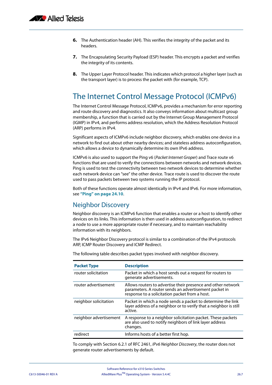 The internet control message protocol (icmpv6), Neighbor discovery | Allied Telesis AlliedWare Plus Operating System Version 5.4.4C (x310-26FT,x310-26FP,x310-50FT,x310-50FP) User Manual | Page 673 / 2220