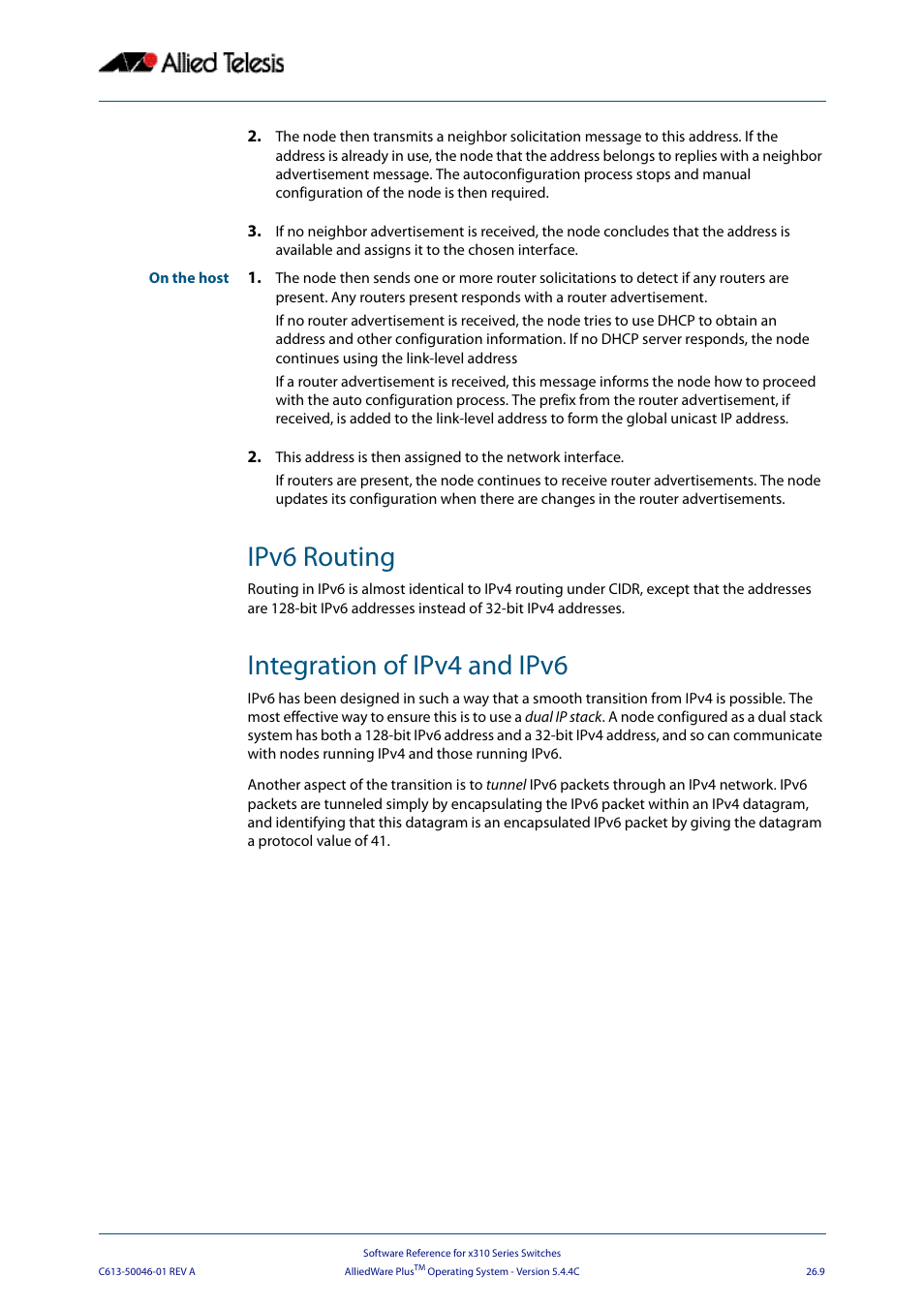 Ipv6 routing, Integration of ipv4 and ipv6, Ipv6 routing integration of ipv4 and ipv6 | Allied Telesis AlliedWare Plus Operating System Version 5.4.4C (x310-26FT,x310-26FP,x310-50FT,x310-50FP) User Manual | Page 675 / 2220