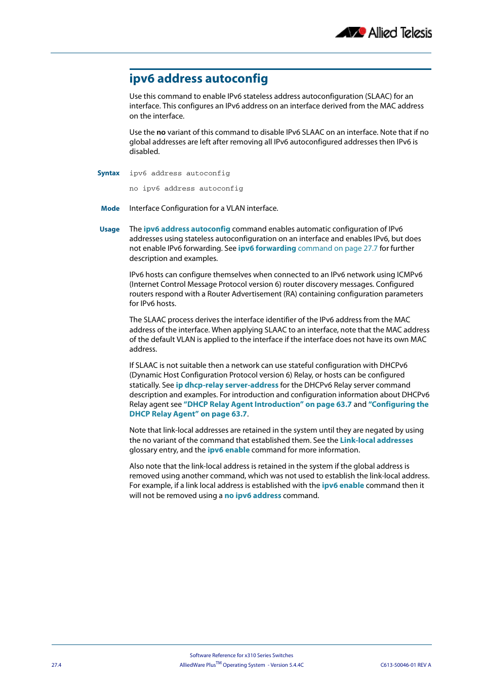 Ipv6 address autoconfig, Slaa | Allied Telesis AlliedWare Plus Operating System Version 5.4.4C (x310-26FT,x310-26FP,x310-50FT,x310-50FP) User Manual | Page 682 / 2220