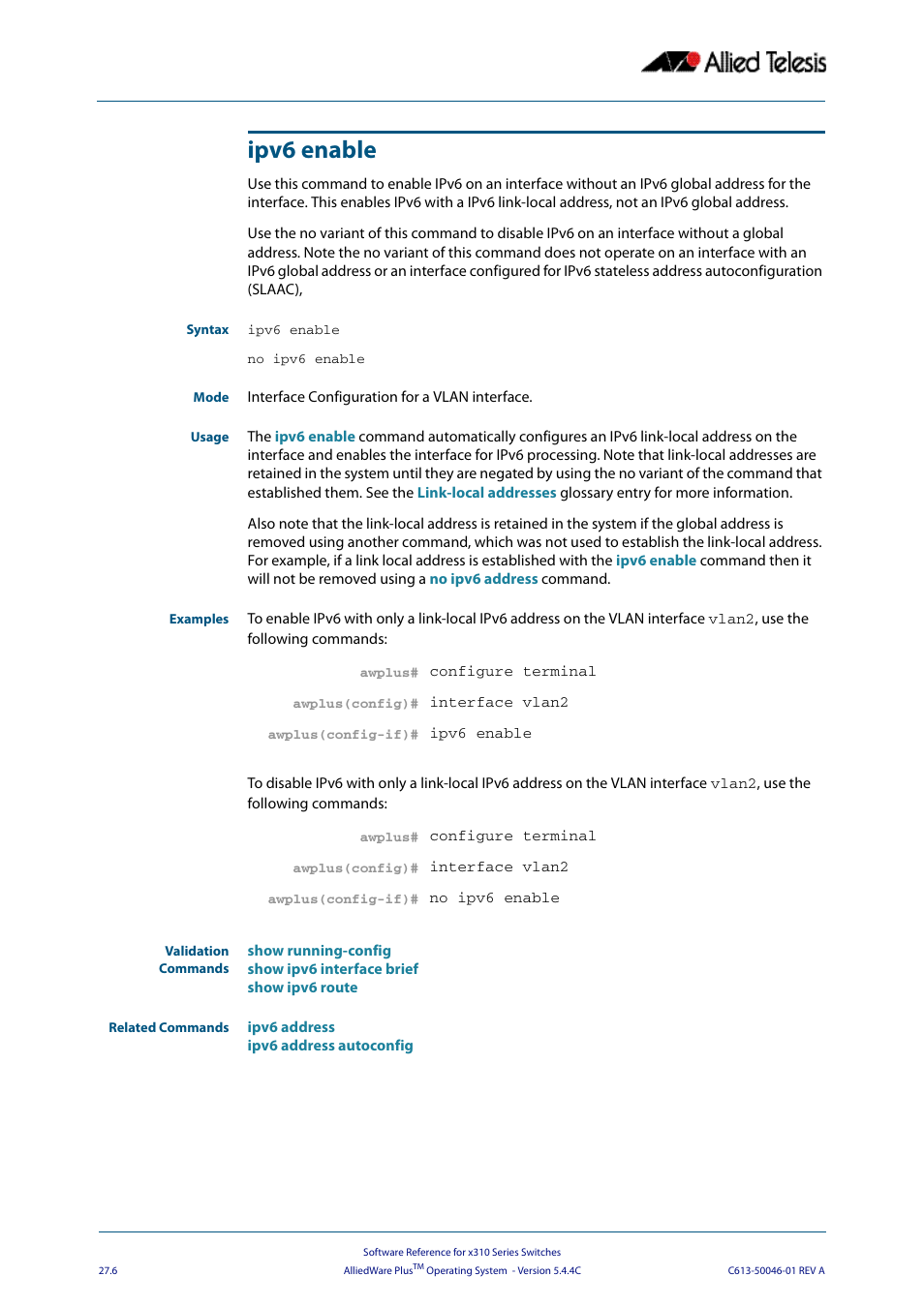 Ipv6 enable, Auto, Comman | Allied Telesis AlliedWare Plus Operating System Version 5.4.4C (x310-26FT,x310-26FP,x310-50FT,x310-50FP) User Manual | Page 684 / 2220