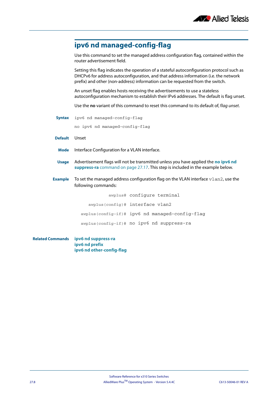 Ipv6 nd managed-config-flag | Allied Telesis AlliedWare Plus Operating System Version 5.4.4C (x310-26FT,x310-26FP,x310-50FT,x310-50FP) User Manual | Page 686 / 2220