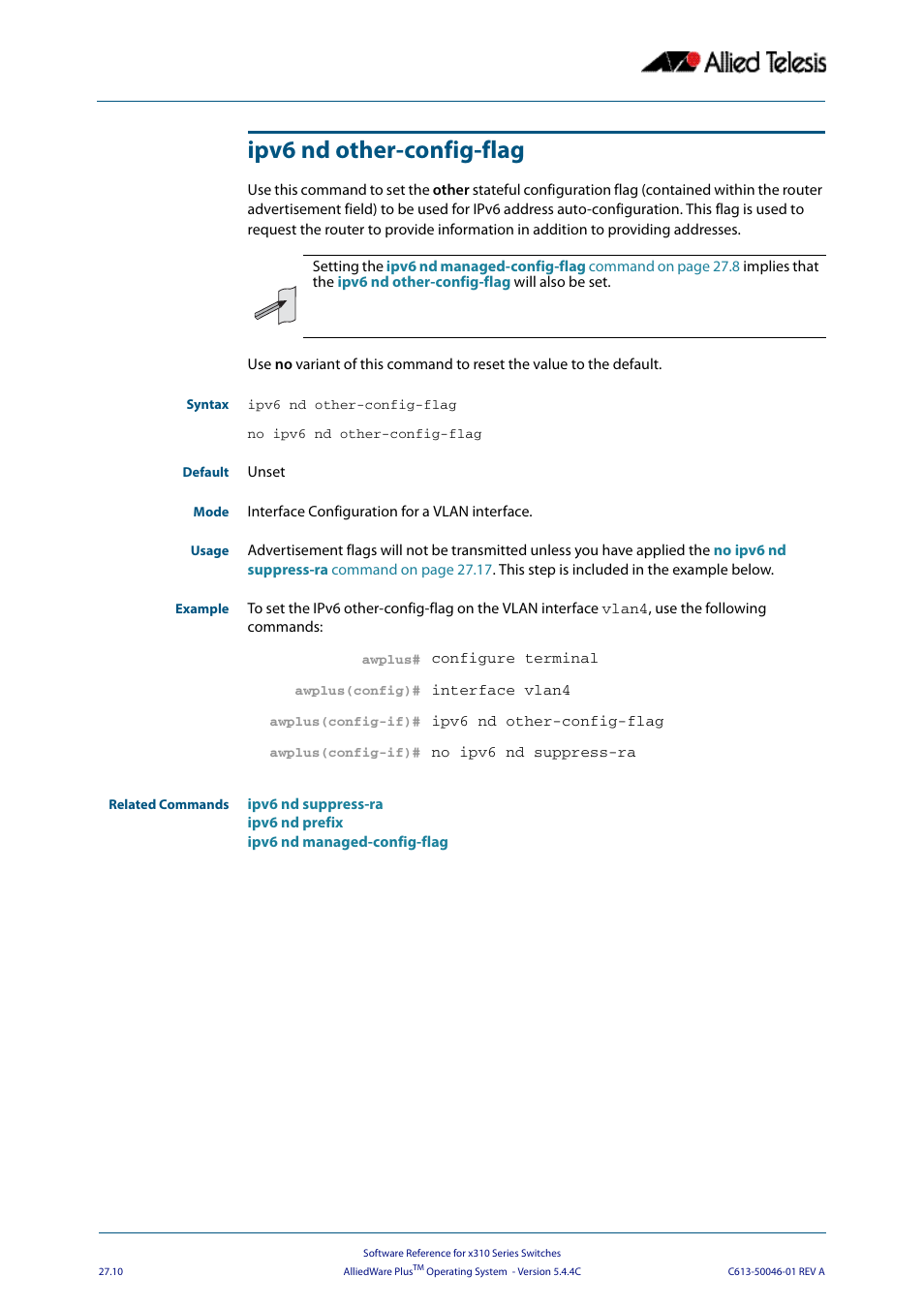 Ipv6 nd other-config-flag | Allied Telesis AlliedWare Plus Operating System Version 5.4.4C (x310-26FT,x310-26FP,x310-50FT,x310-50FP) User Manual | Page 688 / 2220