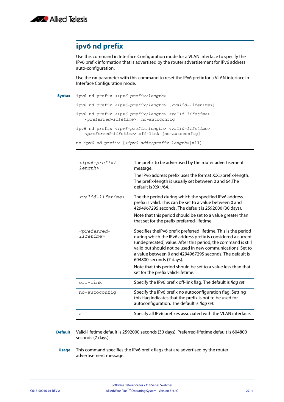 Ipv6 nd prefix | Allied Telesis AlliedWare Plus Operating System Version 5.4.4C (x310-26FT,x310-26FP,x310-50FT,x310-50FP) User Manual | Page 689 / 2220
