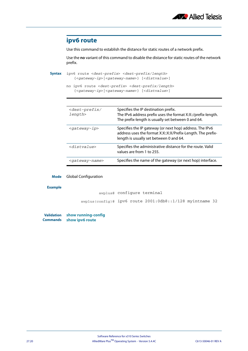 Ipv6 route | Allied Telesis AlliedWare Plus Operating System Version 5.4.4C (x310-26FT,x310-26FP,x310-50FT,x310-50FP) User Manual | Page 698 / 2220