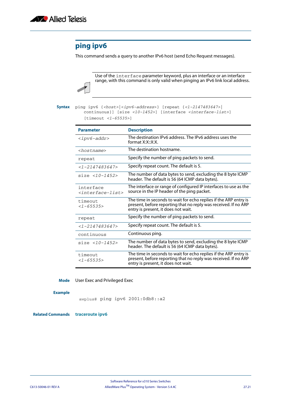 Ping ipv6 | Allied Telesis AlliedWare Plus Operating System Version 5.4.4C (x310-26FT,x310-26FP,x310-50FT,x310-50FP) User Manual | Page 699 / 2220