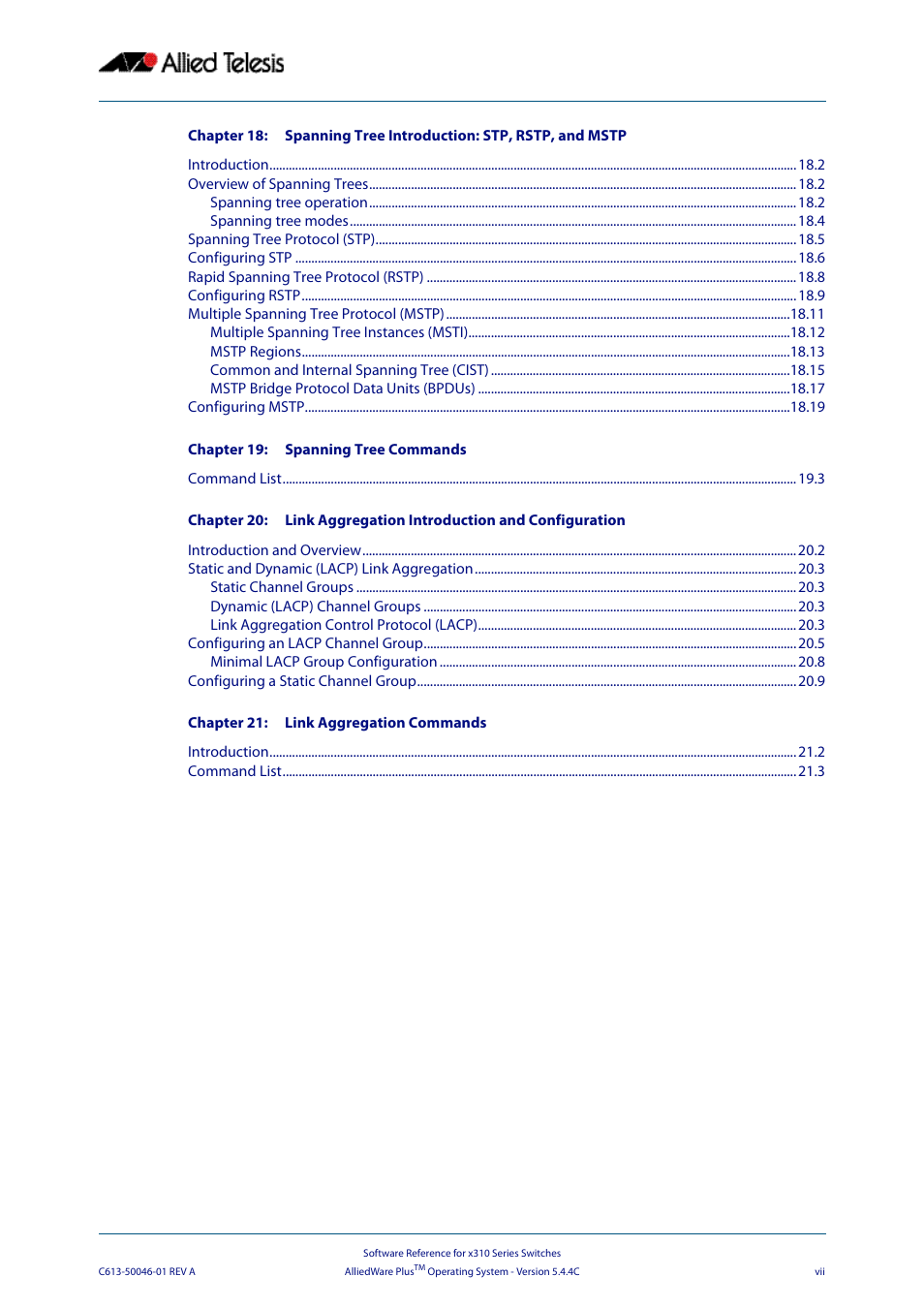 Allied Telesis AlliedWare Plus Operating System Version 5.4.4C (x310-26FT,x310-26FP,x310-50FT,x310-50FP) User Manual | Page 7 / 2220