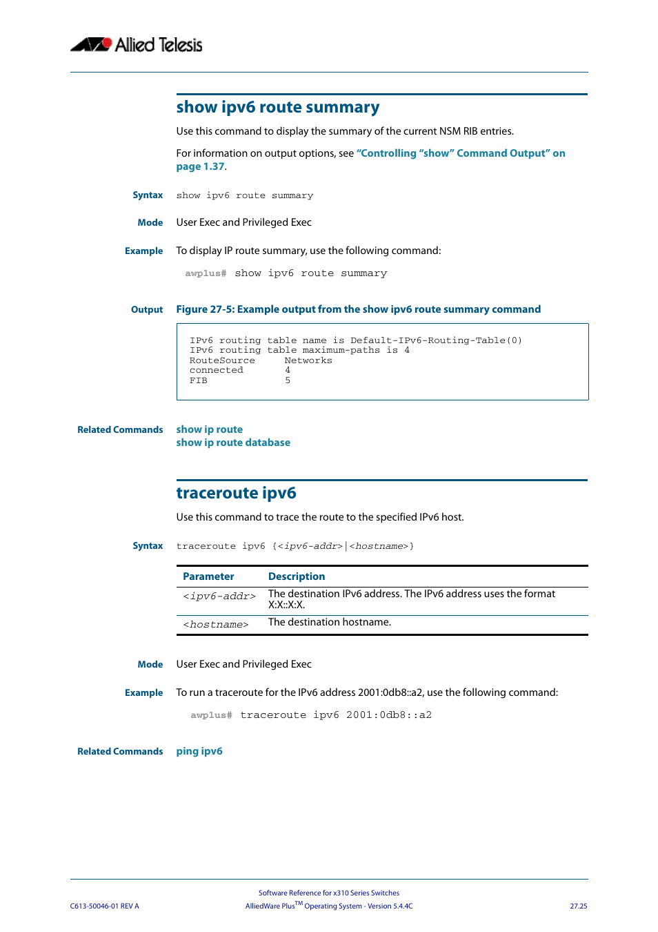 Show ipv6 route summary, Traceroute ipv6, Show ipv6 route summary traceroute ipv6 | Allied Telesis AlliedWare Plus Operating System Version 5.4.4C (x310-26FT,x310-26FP,x310-50FT,x310-50FP) User Manual | Page 703 / 2220