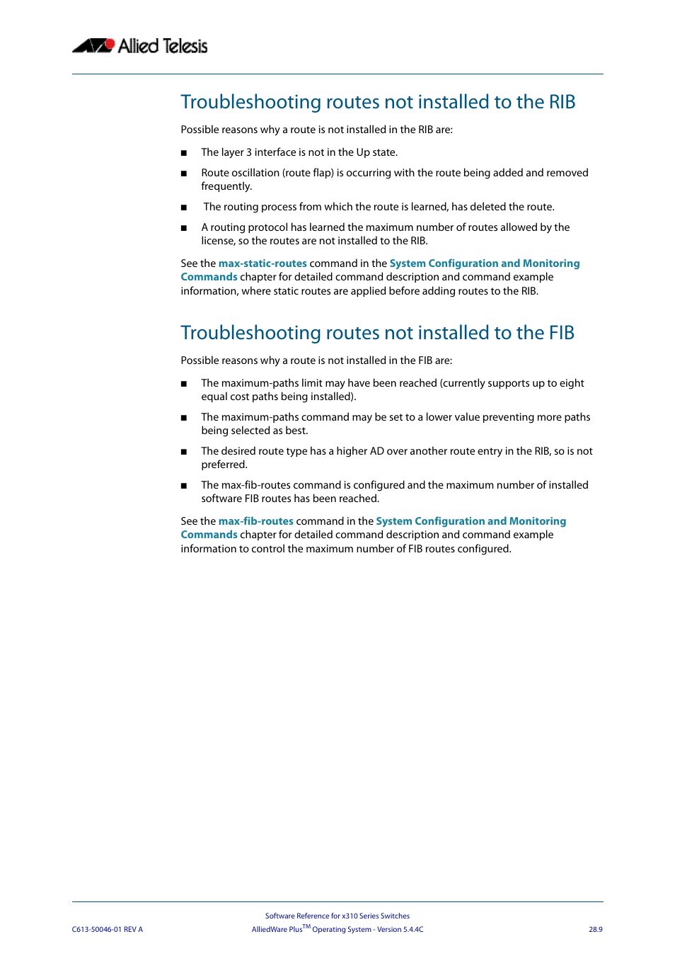 Troubleshooting routes not installed to the rib, Troubleshooting routes not installed to the fib | Allied Telesis AlliedWare Plus Operating System Version 5.4.4C (x310-26FT,x310-26FP,x310-50FT,x310-50FP) User Manual | Page 713 / 2220