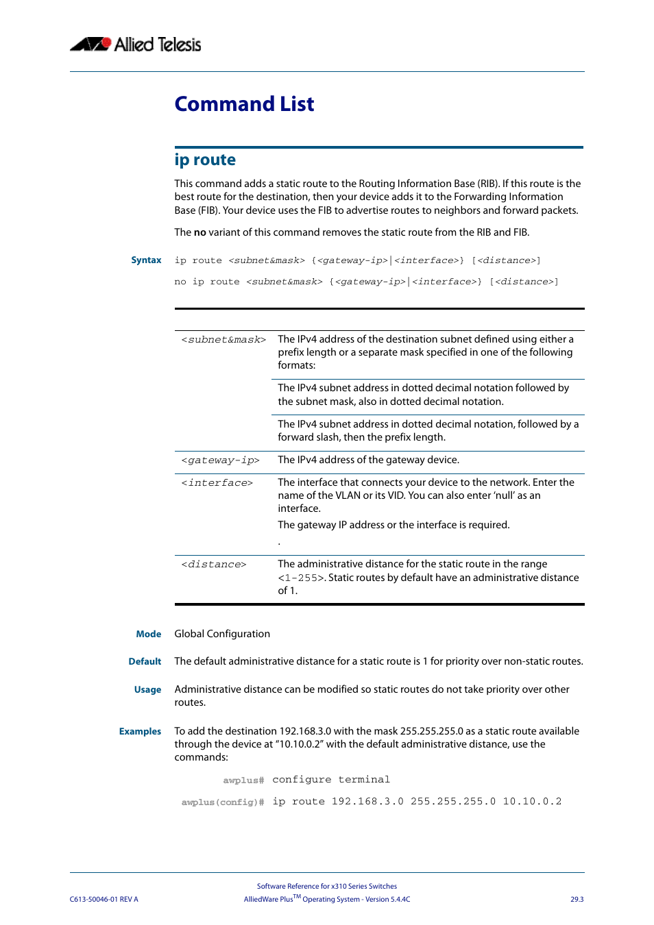 Command list, Ip route, Command list ip route | Allied Telesis AlliedWare Plus Operating System Version 5.4.4C (x310-26FT,x310-26FP,x310-50FT,x310-50FP) User Manual | Page 717 / 2220