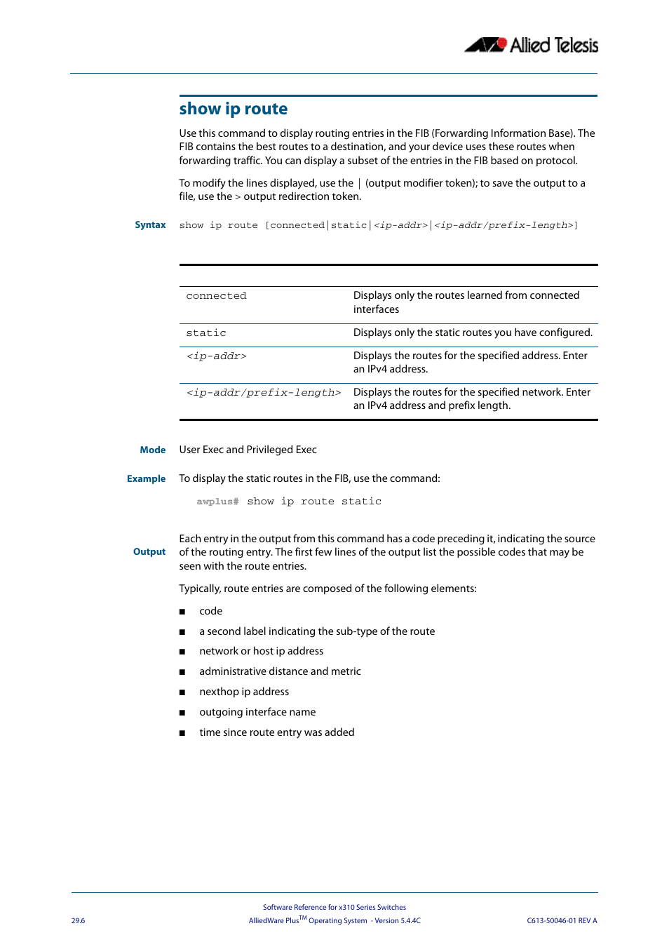 Show ip route | Allied Telesis AlliedWare Plus Operating System Version 5.4.4C (x310-26FT,x310-26FP,x310-50FT,x310-50FP) User Manual | Page 720 / 2220