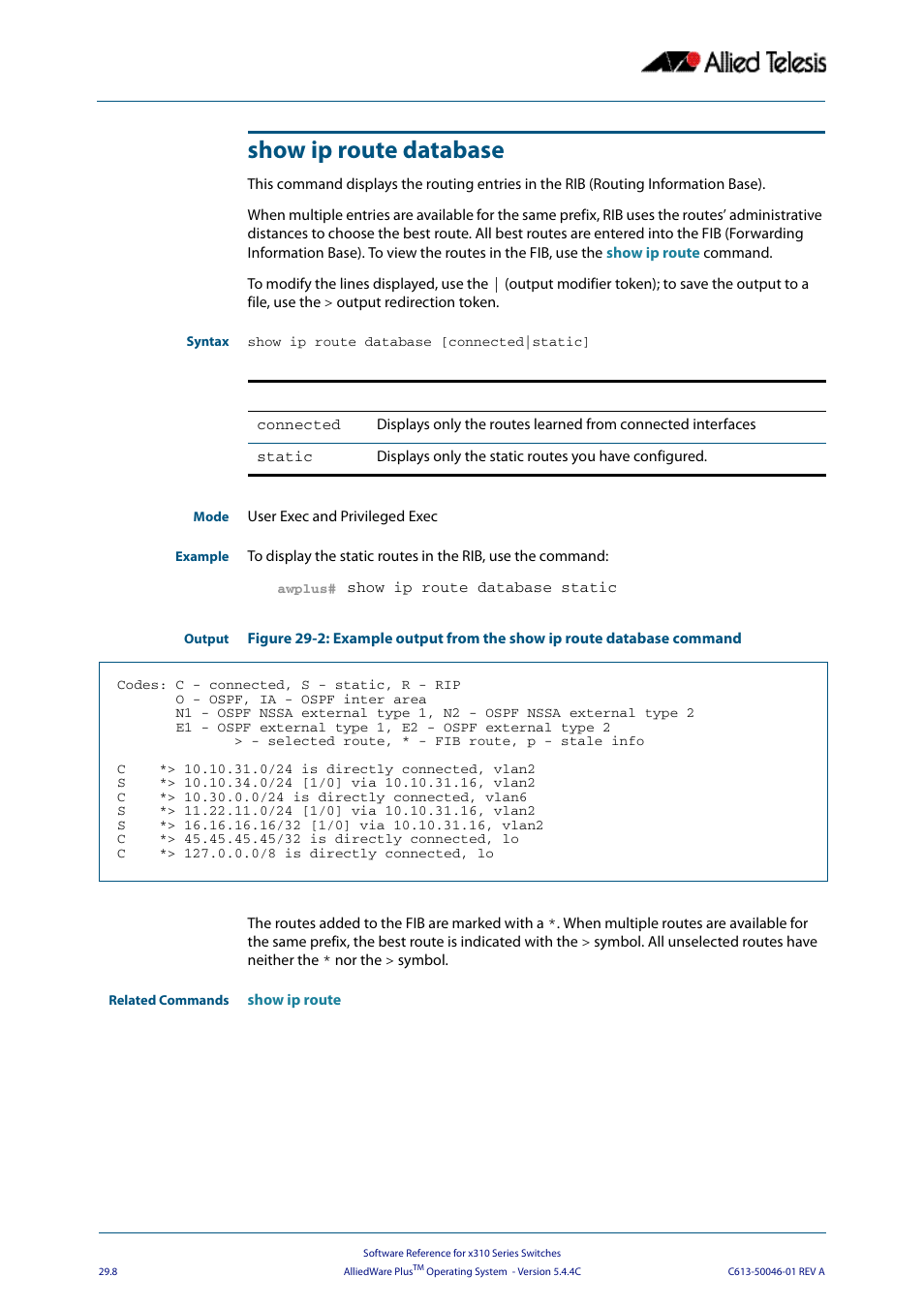 Show ip route database | Allied Telesis AlliedWare Plus Operating System Version 5.4.4C (x310-26FT,x310-26FP,x310-50FT,x310-50FP) User Manual | Page 722 / 2220