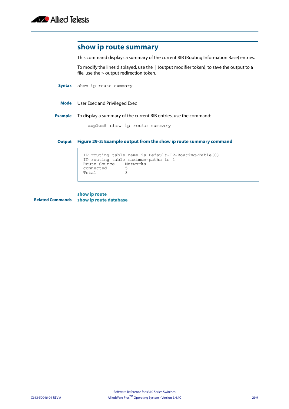 Show ip route summary | Allied Telesis AlliedWare Plus Operating System Version 5.4.4C (x310-26FT,x310-26FP,x310-50FT,x310-50FP) User Manual | Page 723 / 2220