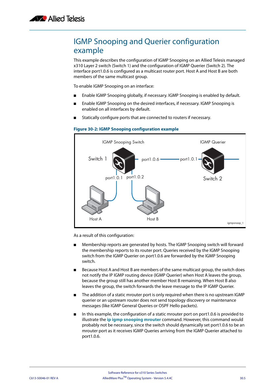 Igmp snooping and querier configuration example | Allied Telesis AlliedWare Plus Operating System Version 5.4.4C (x310-26FT,x310-26FP,x310-50FT,x310-50FP) User Manual | Page 731 / 2220