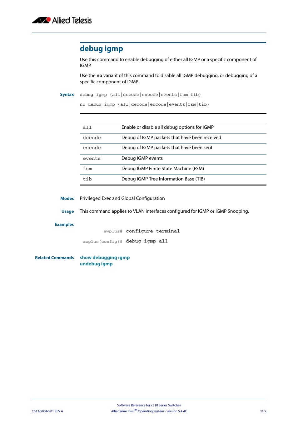 Debug igmp | Allied Telesis AlliedWare Plus Operating System Version 5.4.4C (x310-26FT,x310-26FP,x310-50FT,x310-50FP) User Manual | Page 743 / 2220