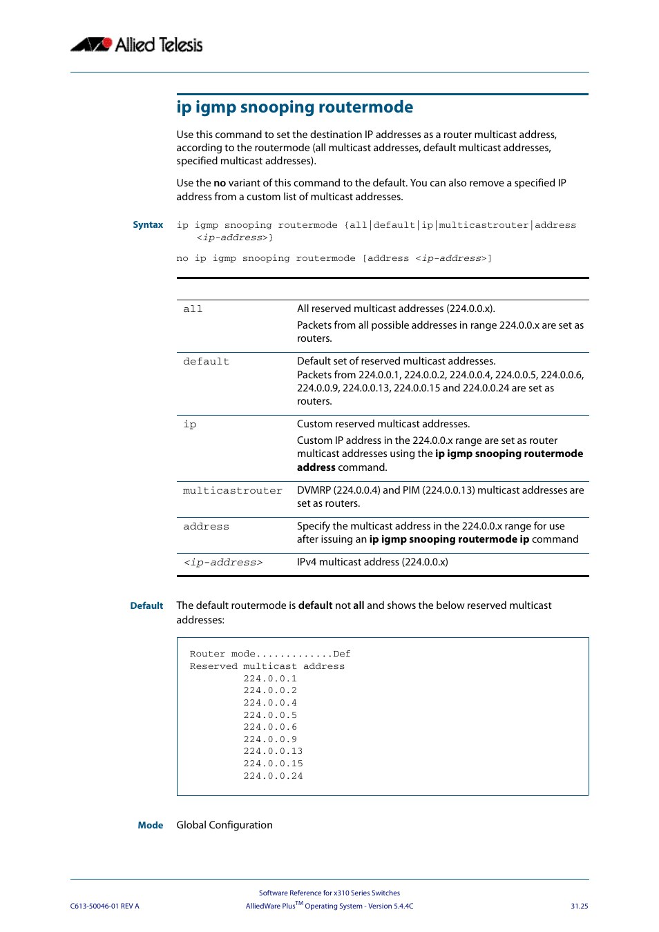 Ip igmp snooping routermode | Allied Telesis AlliedWare Plus Operating System Version 5.4.4C (x310-26FT,x310-26FP,x310-50FT,x310-50FP) User Manual | Page 763 / 2220