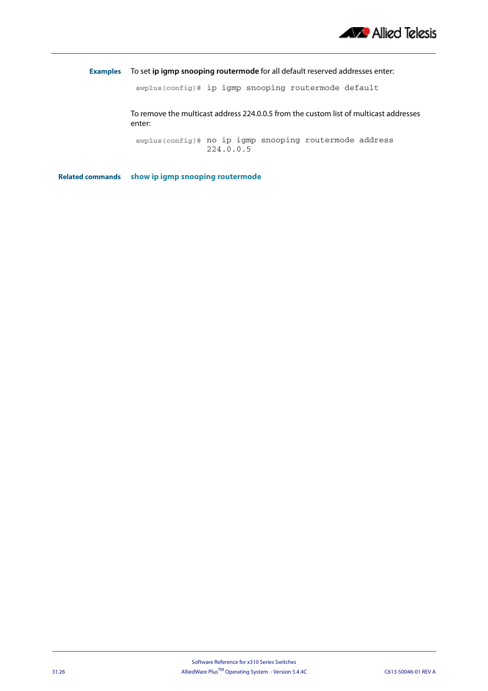 Allied Telesis AlliedWare Plus Operating System Version 5.4.4C (x310-26FT,x310-26FP,x310-50FT,x310-50FP) User Manual | Page 764 / 2220