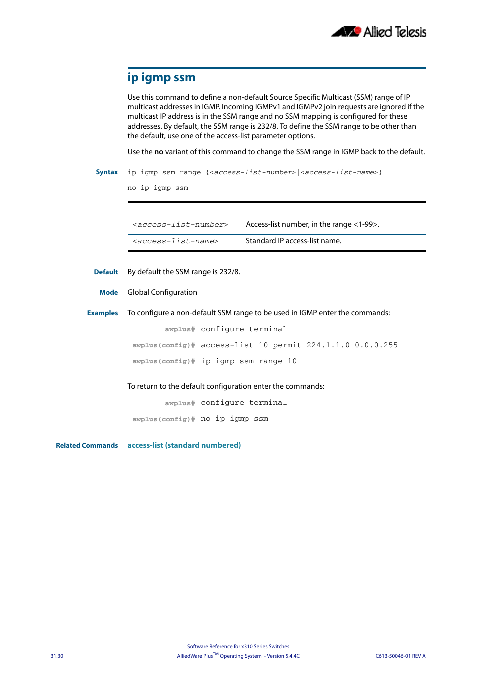 Ip igmp ssm | Allied Telesis AlliedWare Plus Operating System Version 5.4.4C (x310-26FT,x310-26FP,x310-50FT,x310-50FP) User Manual | Page 768 / 2220