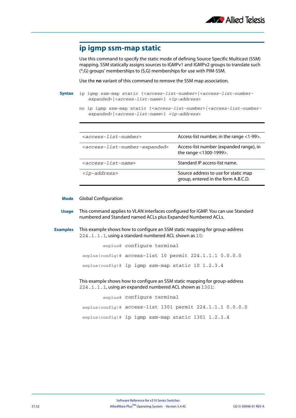 Ip igmp ssm-map static | Allied Telesis AlliedWare Plus Operating System Version 5.4.4C (x310-26FT,x310-26FP,x310-50FT,x310-50FP) User Manual | Page 770 / 2220