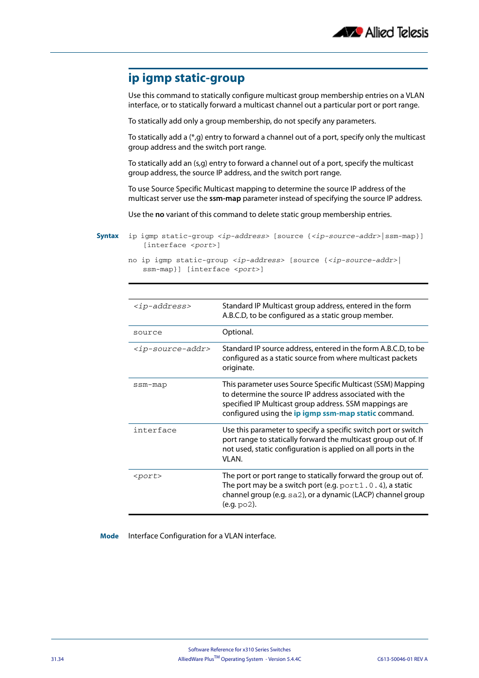 Ip igmp static-group | Allied Telesis AlliedWare Plus Operating System Version 5.4.4C (x310-26FT,x310-26FP,x310-50FT,x310-50FP) User Manual | Page 772 / 2220