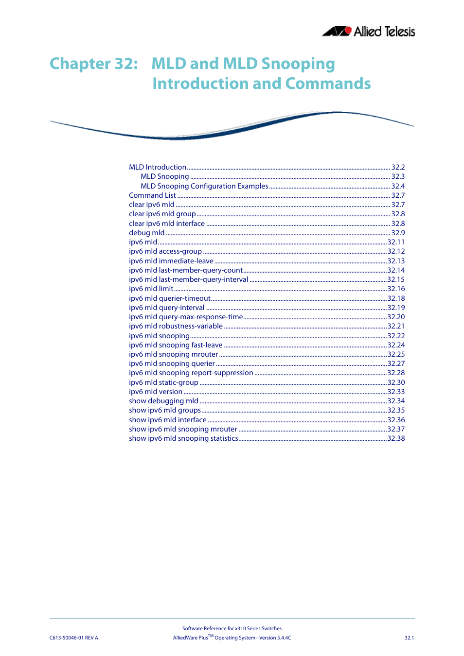Chapter 32, Mld and mld snooping introduction and commands, Chapter 32 mld and mld snooping introduction and | Commands | Allied Telesis AlliedWare Plus Operating System Version 5.4.4C (x310-26FT,x310-26FP,x310-50FT,x310-50FP) User Manual | Page 785 / 2220