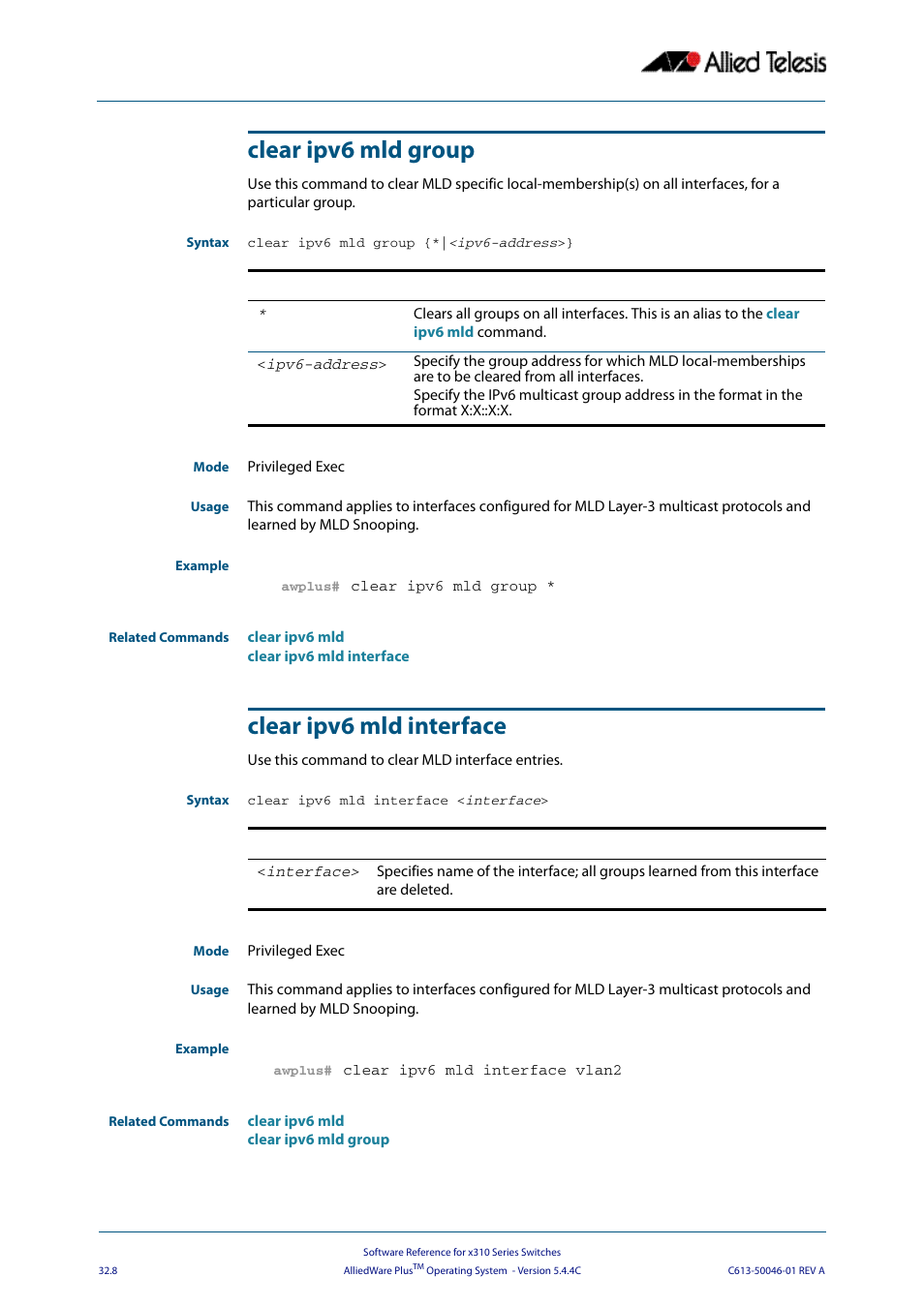 Clear ipv6 mld group, Clear ipv6 mld interface, Clear ipv6 mld group clear ipv6 mld interface | Allied Telesis AlliedWare Plus Operating System Version 5.4.4C (x310-26FT,x310-26FP,x310-50FT,x310-50FP) User Manual | Page 792 / 2220