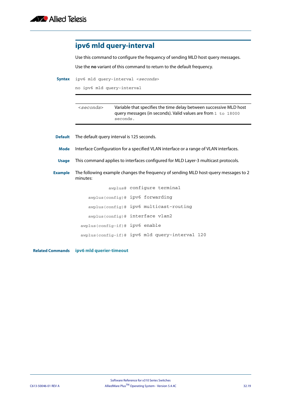 Ipv6 mld query-interval | Allied Telesis AlliedWare Plus Operating System Version 5.4.4C (x310-26FT,x310-26FP,x310-50FT,x310-50FP) User Manual | Page 803 / 2220