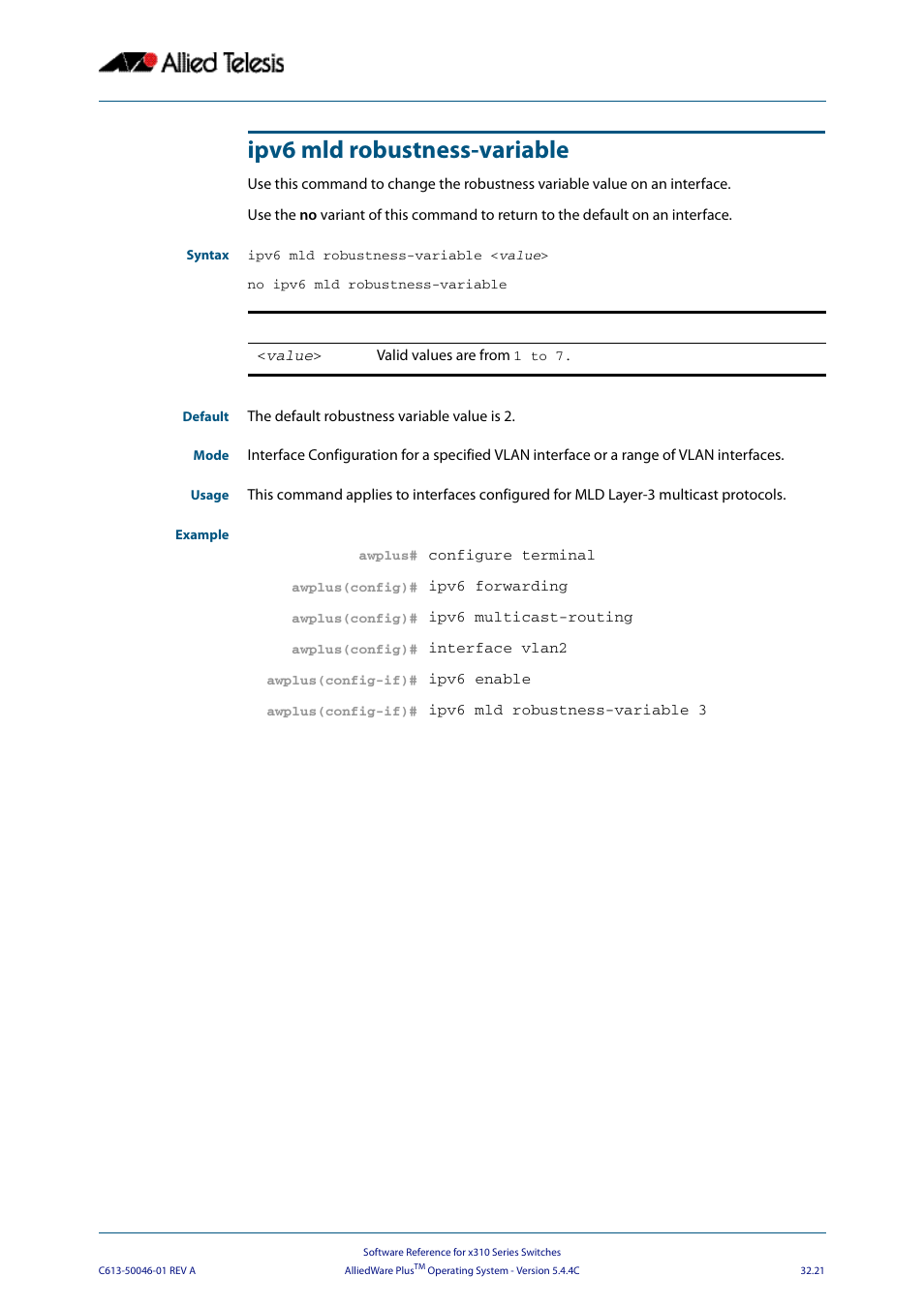 Ipv6 mld robustness-variable | Allied Telesis AlliedWare Plus Operating System Version 5.4.4C (x310-26FT,x310-26FP,x310-50FT,x310-50FP) User Manual | Page 805 / 2220