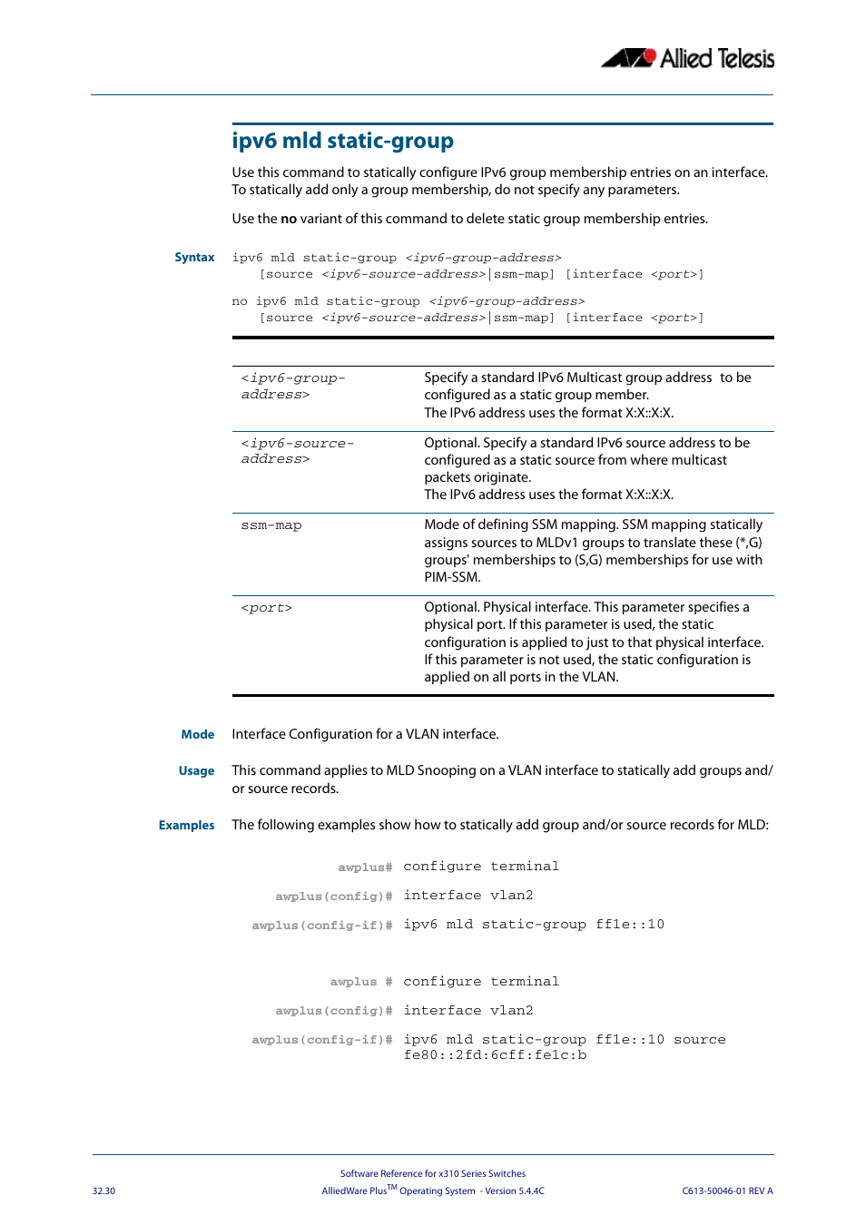 Ipv6 mld static-group | Allied Telesis AlliedWare Plus Operating System Version 5.4.4C (x310-26FT,x310-26FP,x310-50FT,x310-50FP) User Manual | Page 814 / 2220