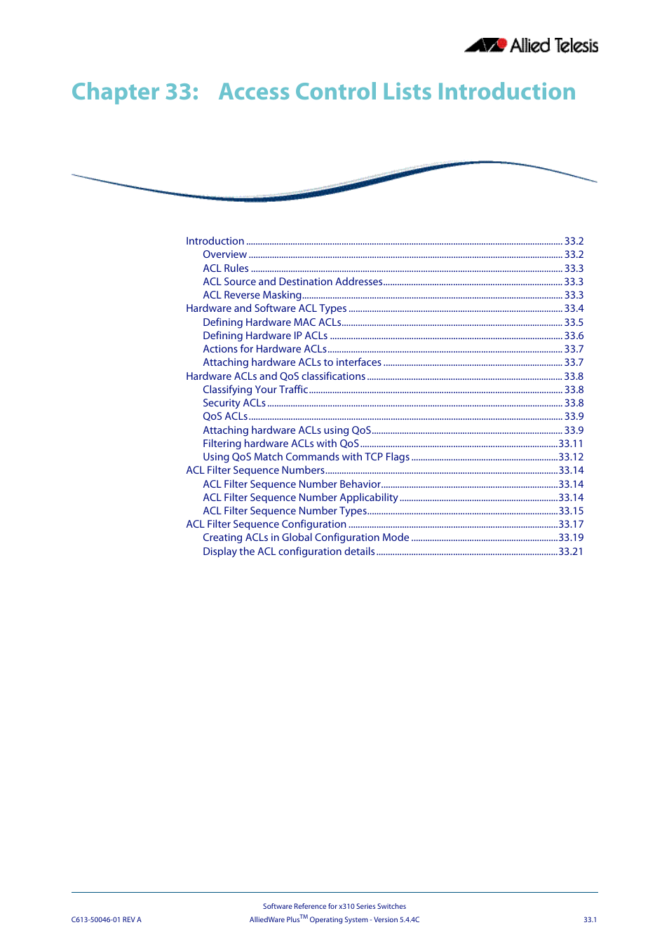 Chapter 33: access control lists introduction, Chapter 33, Access control lists introduction | Chapter 33 access control lists introduction | Allied Telesis AlliedWare Plus Operating System Version 5.4.4C (x310-26FT,x310-26FP,x310-50FT,x310-50FP) User Manual | Page 825 / 2220