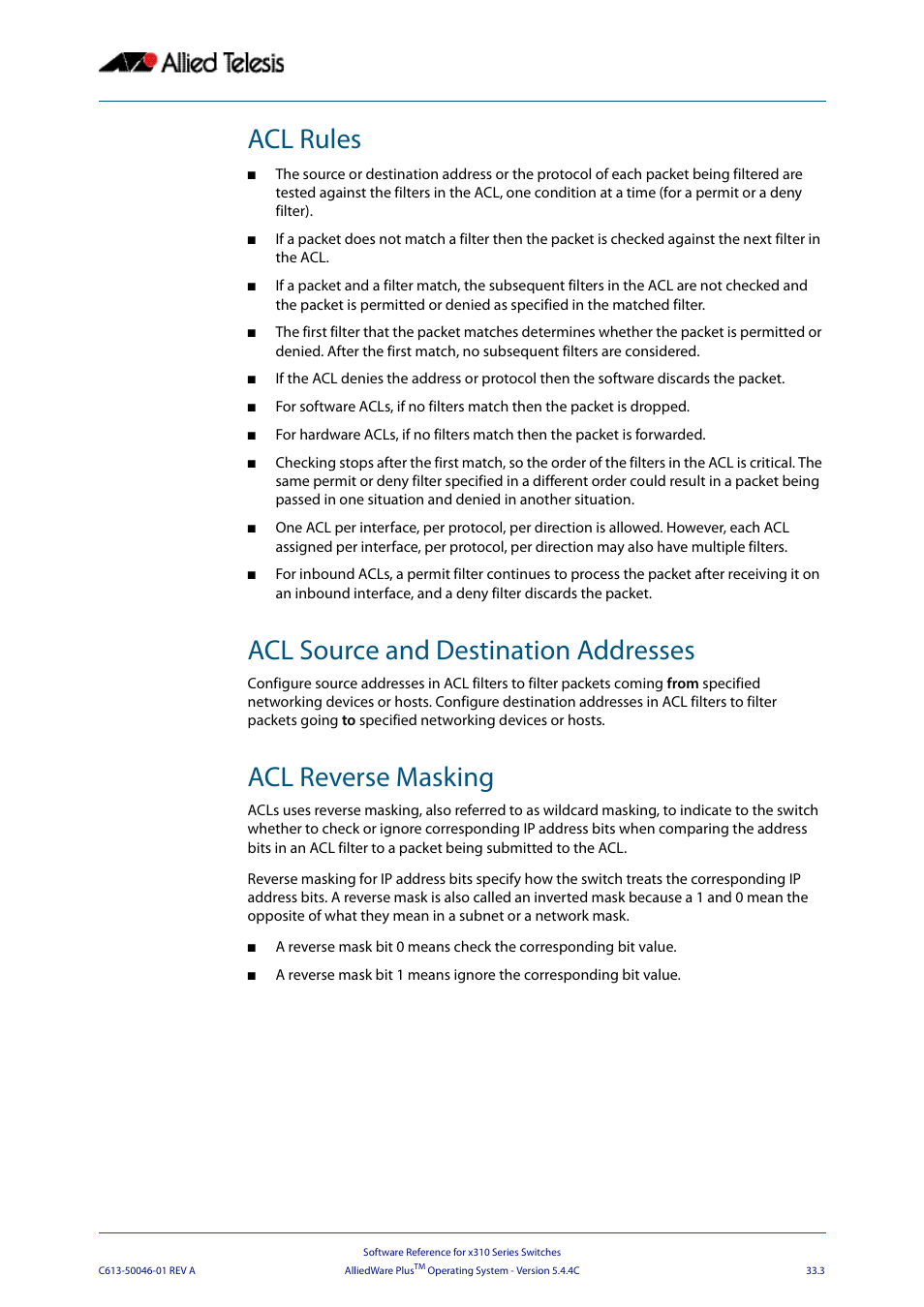 Acl rules, Acl source and destination addresses, Acl reverse masking | Allied Telesis AlliedWare Plus Operating System Version 5.4.4C (x310-26FT,x310-26FP,x310-50FT,x310-50FP) User Manual | Page 827 / 2220