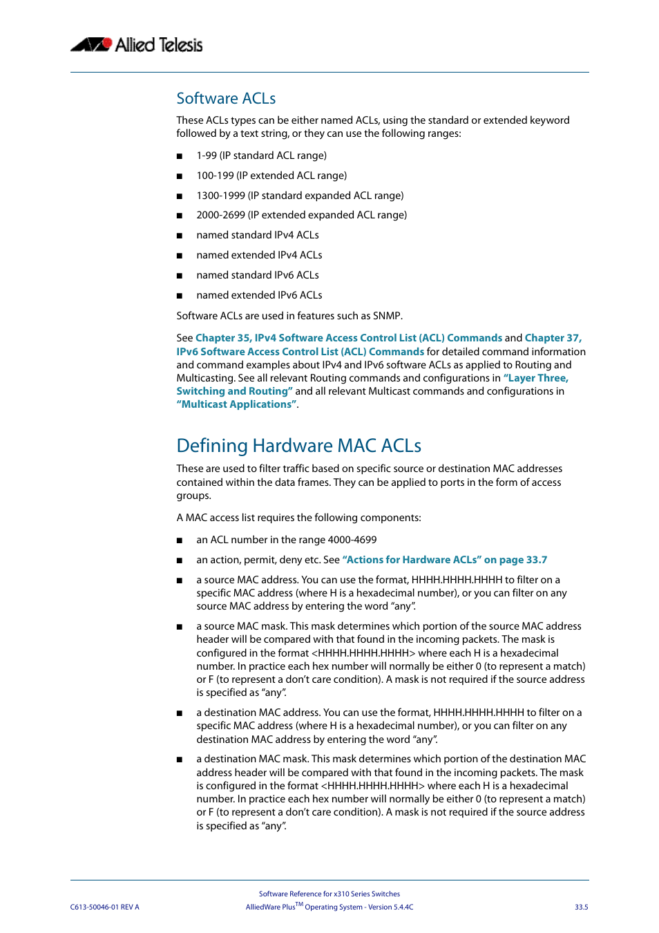 Software acls, Defining hardware mac acls | Allied Telesis AlliedWare Plus Operating System Version 5.4.4C (x310-26FT,x310-26FP,x310-50FT,x310-50FP) User Manual | Page 829 / 2220