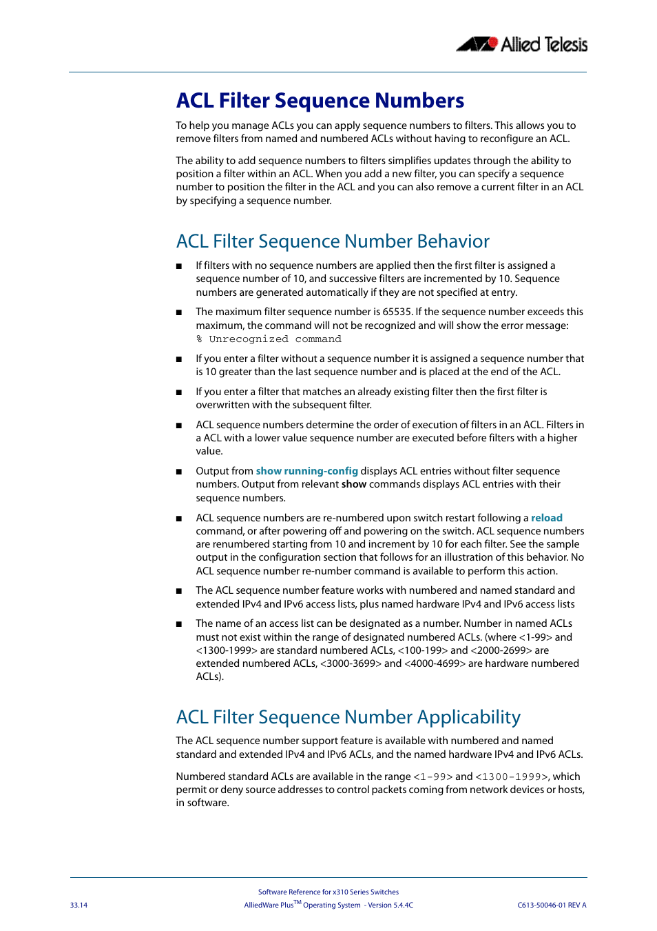 Acl filter sequence numbers, Acl filter sequence number behavior, Acl filter sequence number applicability | Acl filter sequence numbers” on | Allied Telesis AlliedWare Plus Operating System Version 5.4.4C (x310-26FT,x310-26FP,x310-50FT,x310-50FP) User Manual | Page 838 / 2220