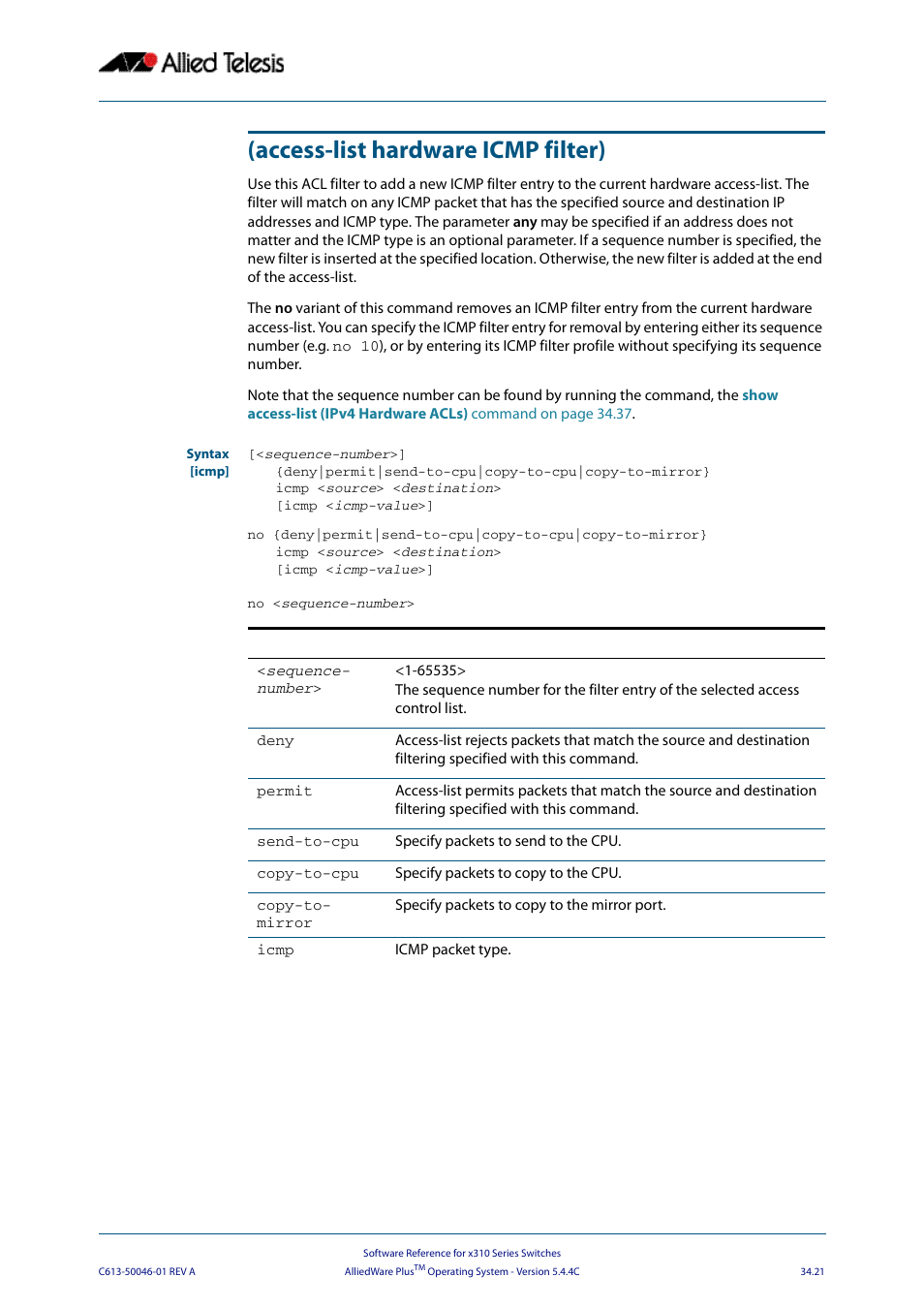 Access-list hardware icmp filter) | Allied Telesis AlliedWare Plus Operating System Version 5.4.4C (x310-26FT,x310-26FP,x310-50FT,x310-50FP) User Manual | Page 867 / 2220