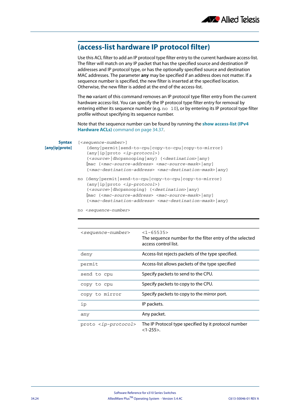 Access-list hardware ip protocol filter) | Allied Telesis AlliedWare Plus Operating System Version 5.4.4C (x310-26FT,x310-26FP,x310-50FT,x310-50FP) User Manual | Page 870 / 2220
