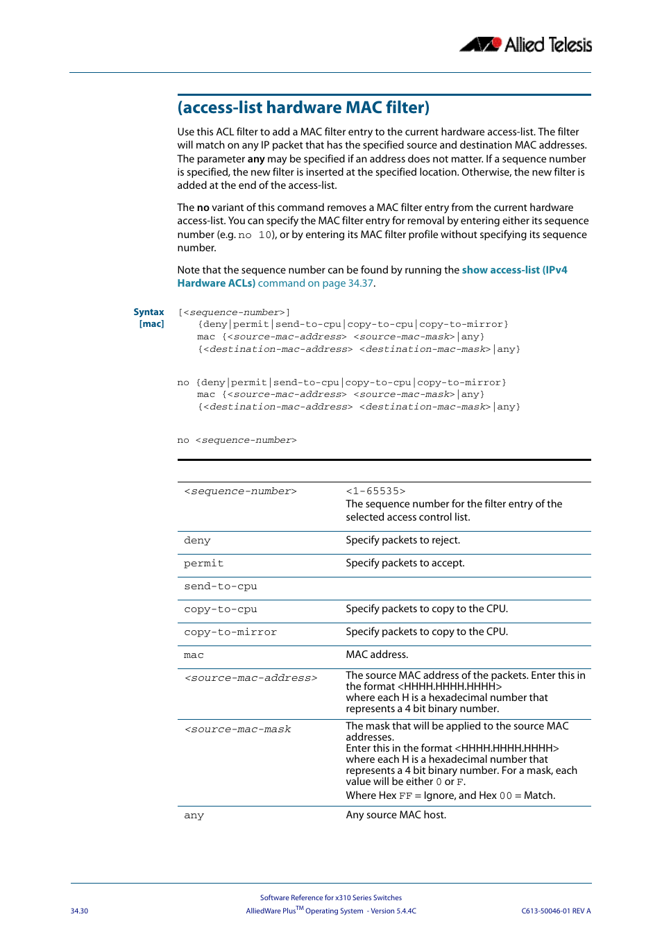 Access-list hardware mac filter) | Allied Telesis AlliedWare Plus Operating System Version 5.4.4C (x310-26FT,x310-26FP,x310-50FT,x310-50FP) User Manual | Page 876 / 2220